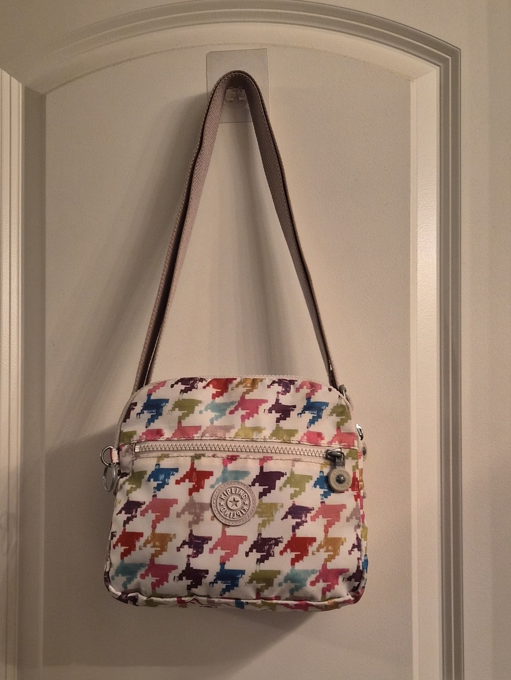 Kipling Multicolor Houndstooth Crossbody Bag with Taupe Strap